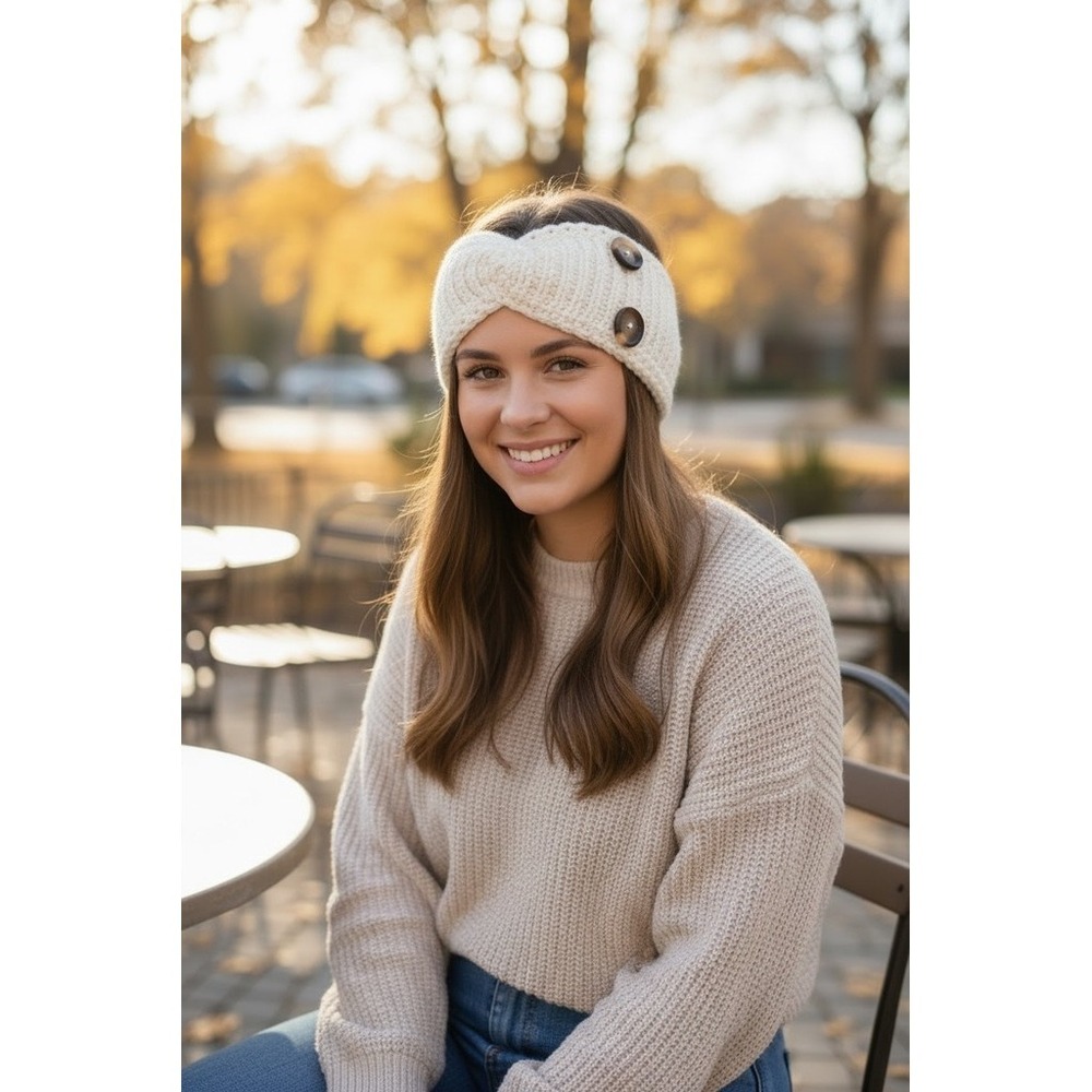 C.C Exclusives Headband & Neck Warmer Set Womens One Size Ivory Flower Buttons